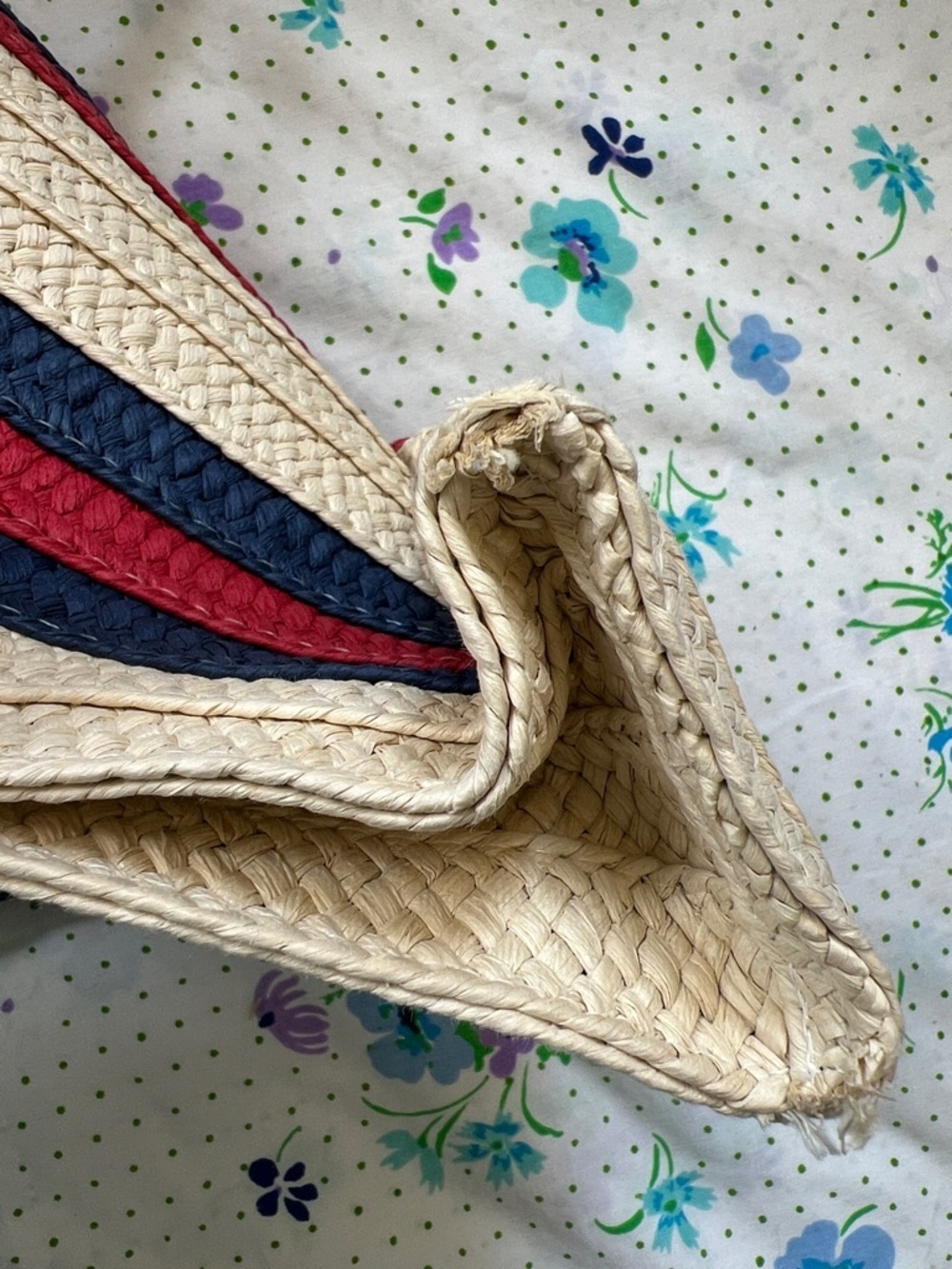 Mark and Graham Fringe Top Tote Natural Navy Red Woven Straw NWOT - B - Picture 9 of 13